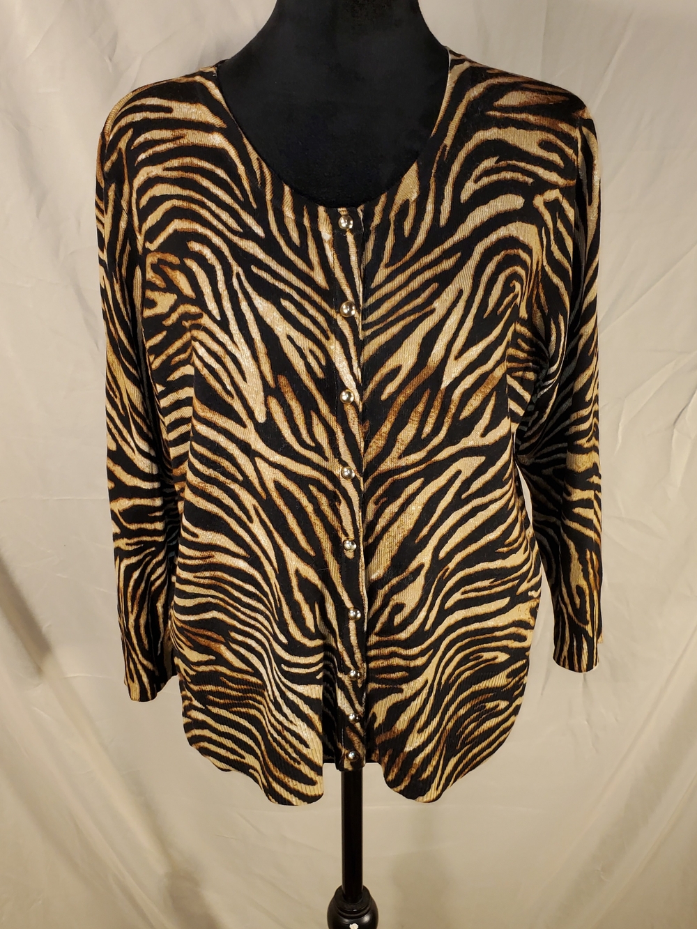 White House Black Market Black and Tan Zebra-Print Button Front Sweater - XL